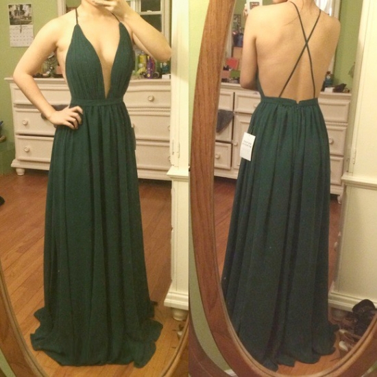 A-Line Deep V-Neck Backless Dark Green Chiffon Prom Dress with Pleats - Click Image to Close
