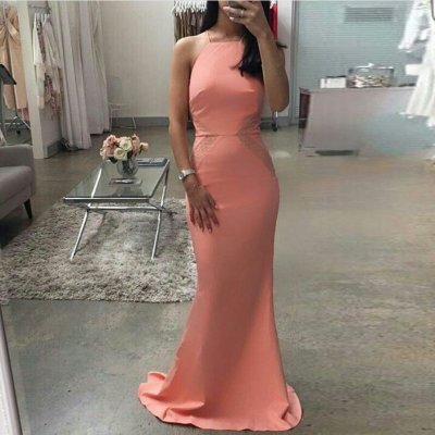 Mermaid Square Sweep Train Blush Satin Prom Dress with Lace