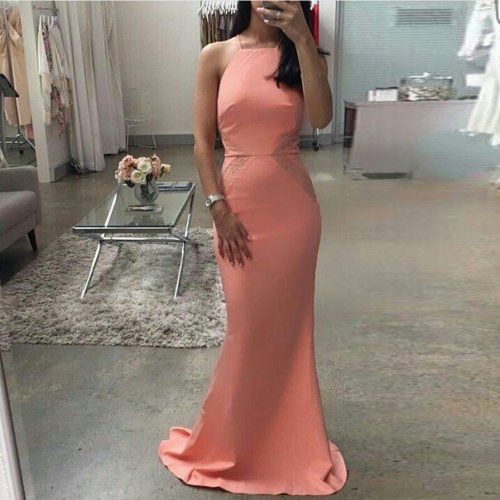 Mermaid Square Sweep Train Blush Satin Prom Dress with Lace