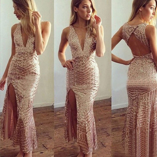 Mermaid Style V-Neck Tea-Length Rose Gold Sequined Prom Dress Open Back - Click Image to Close