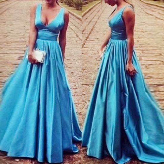 A-Line V-Neck Long Pleated Turquoise Satin Prom Dress with Beading - Click Image to Close