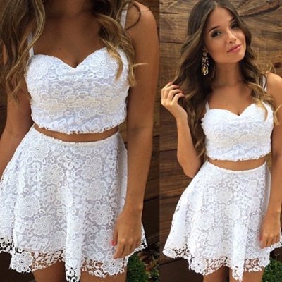 Two Piece Straps Short White Lace Homecoming Cocktail Dress