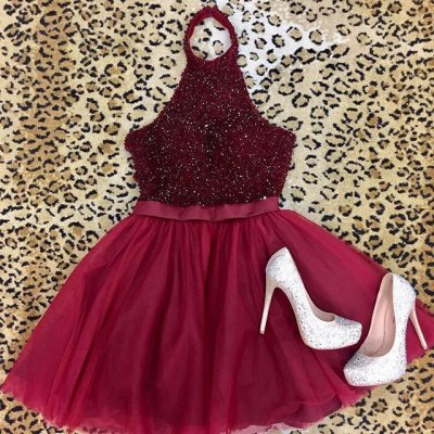 A-Line Halter Backless Short Burgundy Tulle Homecoming Dress with Beading