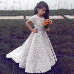 A-Line Round Neck Short Sleeves Sweep Train Ivory Lace Flower Girl Dress