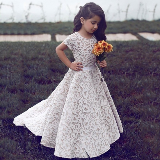 A-Line Round Neck Short Sleeves Sweep Train Ivory Lace Flower Girl Dress - Click Image to Close