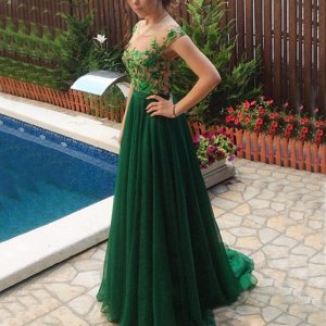 A-Line Bateau Cap Sleeves Dark Green Chiffon Prom Dress with Beading Appliques