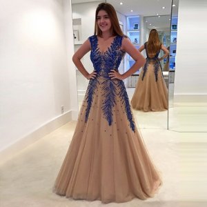 A-Line V-Neck Backless Champagne Tulle Prom Dress with Beading Appliques