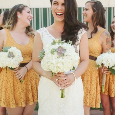 A-Line Scoop Short Yellow Lace Bridesmaid Dress with Sash
