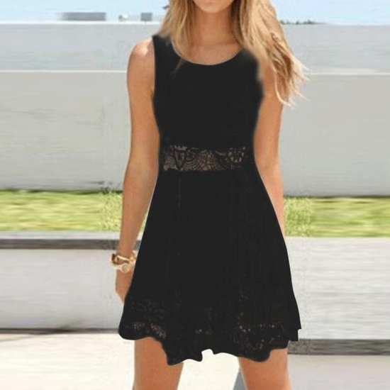 A-Line Jewel Polyester Little Black Dress with Lace - Click Image to Close