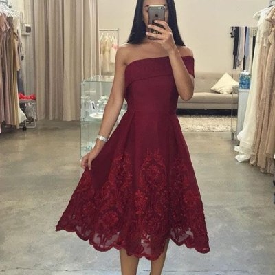 A-Line One Shoulder Tea-Length Burgundy Satin Homecoming Dress with Lace