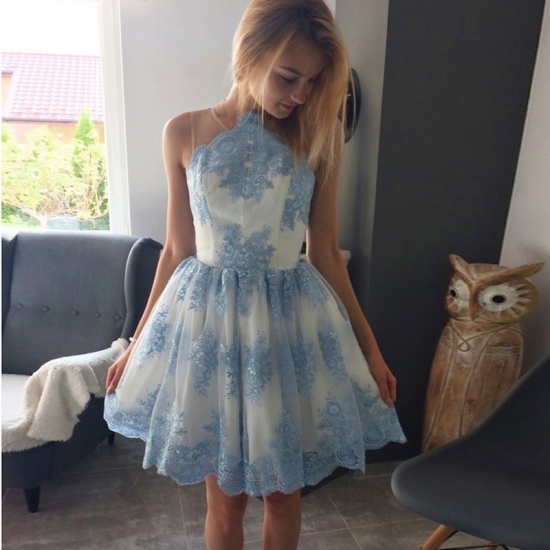A-Line Round Neck Short Blue Tulle Homecoming Dress with Appliques - Click Image to Close