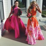 Two Piece Jewel Sweep Train Orange Floral Satin Prom Dress