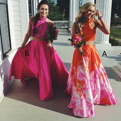 Two Piece Jewel Sweep Train Orange Floral Satin Prom Dress