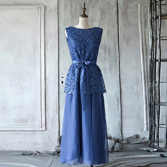 A-Line Bateau Mid-Calf Sky Blue Chiffon Mother of The Bride Dress with Sash Lace - Click Image to Close