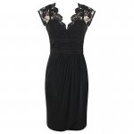 Sheath V-Neck Cap Sleeves Black Spandex Mother of The Bride Dress with Lace