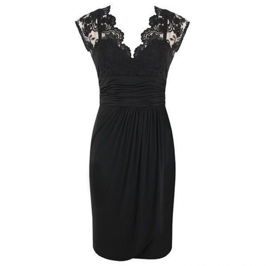 Sheath V-Neck Cap Sleeves Black Spandex Mother of The Bride Dress with Lace - Click Image to Close