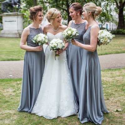 A-Line Bateau Floor-Length Grey Chiffon Bridesmaid Dress with Lace