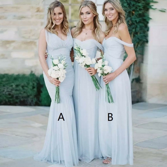 Mermaid V-Neck Floor-Length Light Blue Ruched Tulle Bridesmaid Dress - Click Image to Close