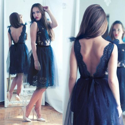 A-Line Bateau Backless Short Dark Blue Tulle Homecoming Dress with Appliques