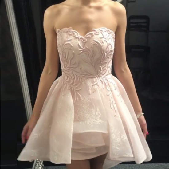 A-Line Sweetheart Short Pearl Pink Lace Appliques Homecoming Dress - Click Image to Close