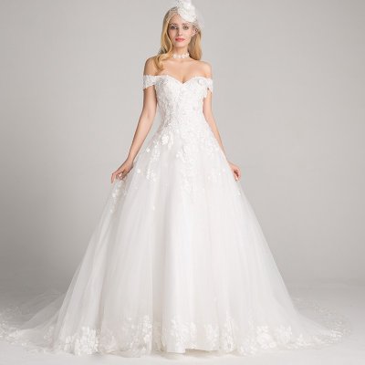 A-Line Off-the-Shoulder Court Train Wedding Dress with Appliques