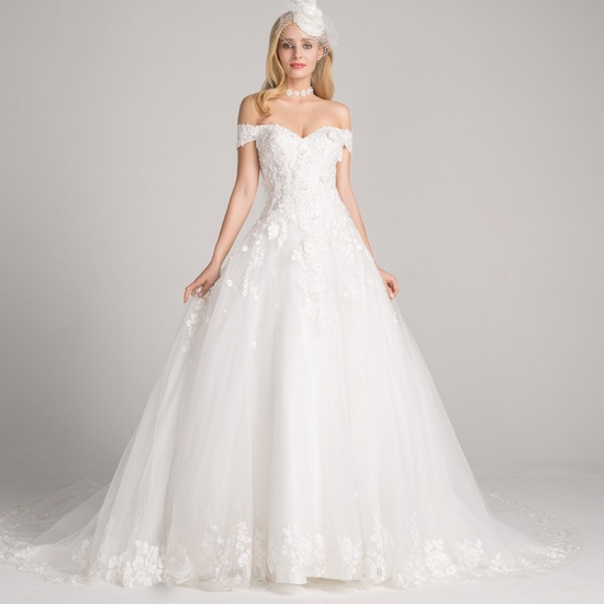 A-Line Off-the-Shoulder Court Train Wedding Dress with Appliques - Click Image to Close