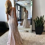 Mermaid V-Neck Backless Light Champagne Prom Dress with Appliques