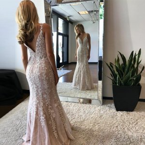 Mermaid V-Neck Backless Light Champagne Prom Dress with Appliques