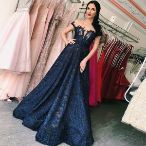 A-Line Bateau Cap Sleeves Floor-Length Dark Blue Lace Prom Dress