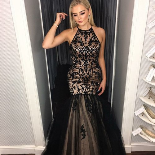 Mermaid Jewel Backless Sweep Train Black Prom Dress with Appliques