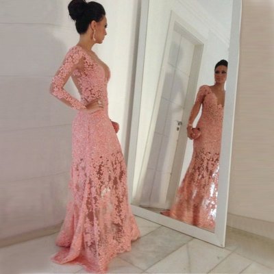 Mermaid Round Neck Long Sleeves Sweep Train Pink Prom Dress with Appliques