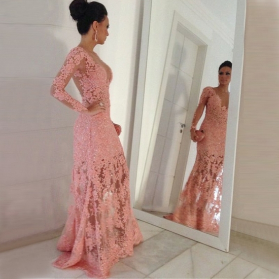 Mermaid Round Neck Long Sleeves Sweep Train Pink Prom Dress with Appliques - Click Image to Close