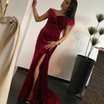 Mermaid Off-the-Shoulder Sweep Train Burgundy Prom Dress with Split