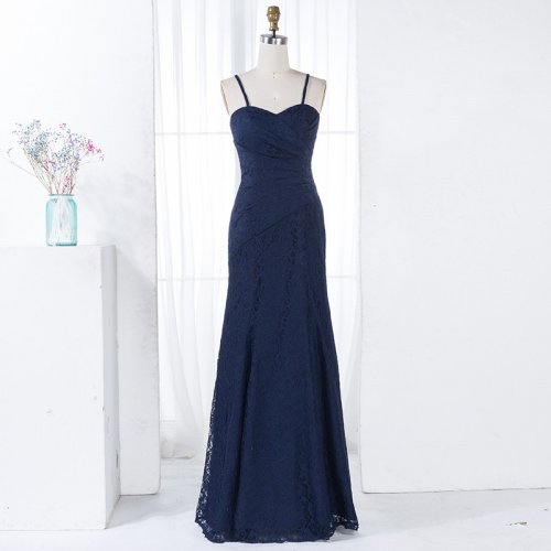 Mermaid Spaghetti Straps Navy Blue Lace Bridesmaid Dress with Pleats