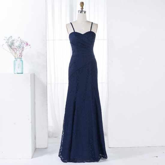 Mermaid Spaghetti Straps Navy Blue Lace Bridesmaid Dress with Pleats - Click Image to Close