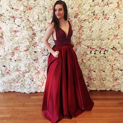 A-Line V-Neck Sweep Train Burgundy Satin Prom Dress with Beading Pockets