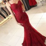 Mermaid Spaghetti Straps Sweep Train Burgundy Prom Dress with Appliques