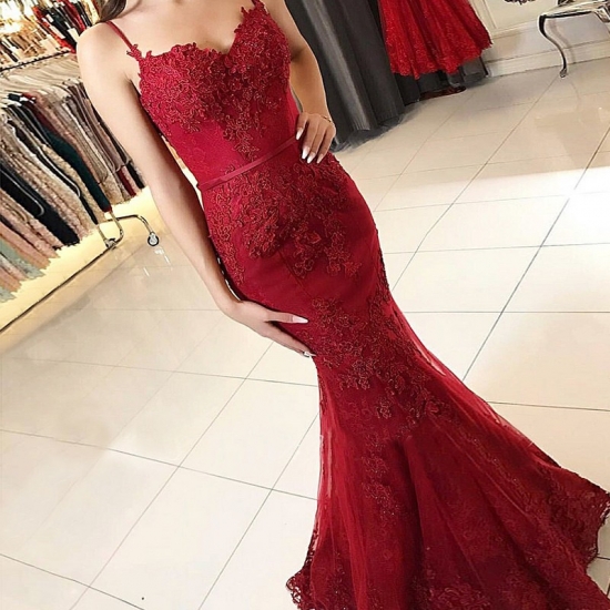 Mermaid Spaghetti Straps Sweep Train Burgundy Prom Dress with Appliques - Click Image to Close