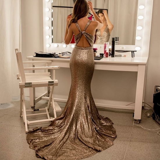 Mermaid V-Neck Open Back Sweep Train Champagne Sequined Prom Dress - Click Image to Close