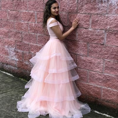 Two Piece Scoop Cold Shoulder Floor-Length Pink Tiered Prom Dress