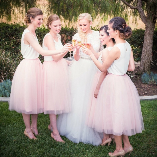 A-Line Round Neck Tea-Length Pink Tulle Bridesmaid Dress - Click Image to Close