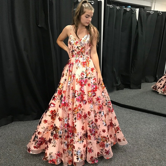 A-Line Spaghetti Straps Floor-Length Coral Floral Prom Dress - Click Image to Close