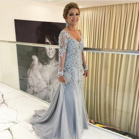 Mermaid V-Neck Long Sleeves Long Mother of The Bride Dress with Appliques - Click Image to Close