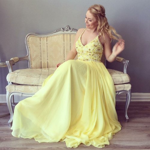 A-Line Spaghetti Straps Backless Daffodil Chiffon Prom Dress with Beading