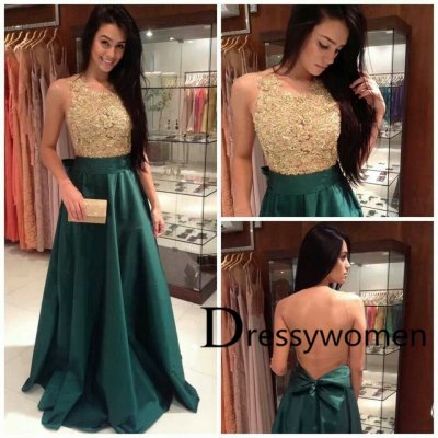 Hot Sale Sexy Long scoop Illusion Back Prom Dress with Beading Bowknot