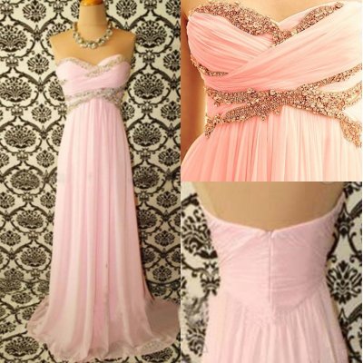 Elegant A-Line Sweetheart Floor Length Chiffon Pink Evening/Prom Dress With Beading