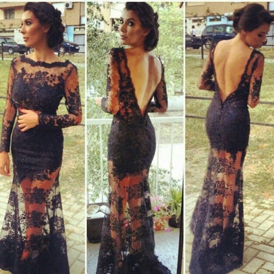 Amazing A-Line Jewel Floor Length Long Sleeves Lace Black Prom Dress - Click Image to Close