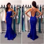 Mermaid Spaghetti Straps Floor Length Lace Royal Blue Prom Dress With Appliques