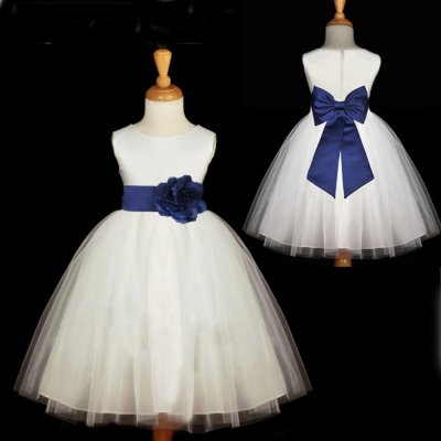 New Scoop Ball Gown Tulle Princess White Flower Girl Dress Waist with Flower Bowknot
