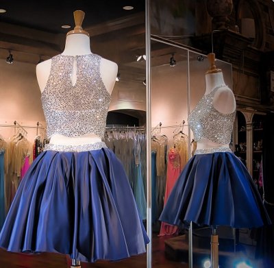 Two Piece Beaded Satin Homecoming Dress --Royal Blue Scoop